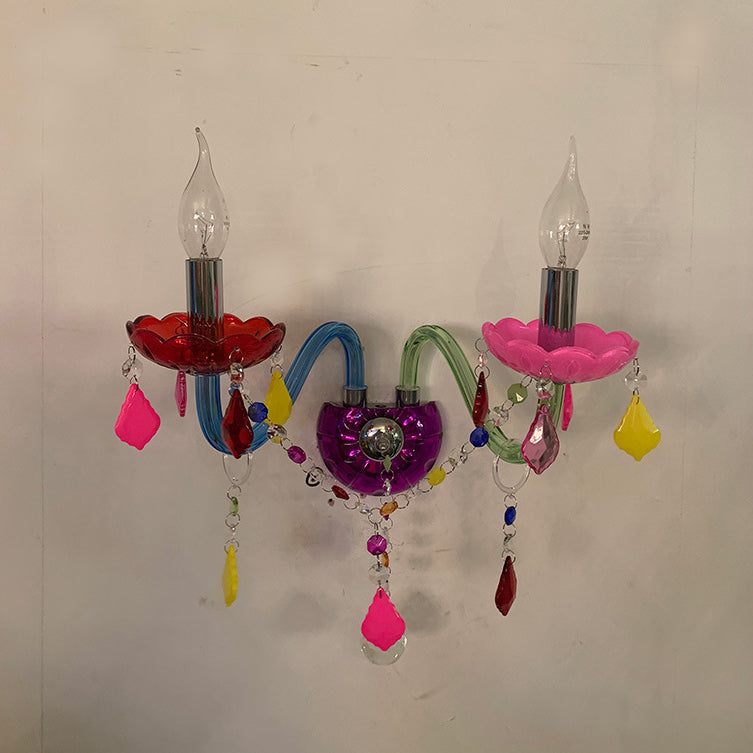Traditional European Kids Glass Crystal Metal Fabric Candlestick Holder Flower 2-Light Wall Sconce Lamp For Bedside