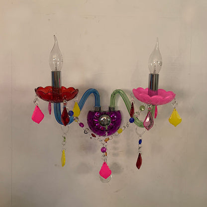 Traditional European Kids Glass Crystal Metal Fabric Candlestick Holder Flower 2-Light Wall Sconce Lamp For Bedside
