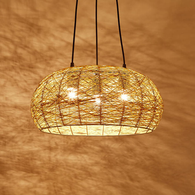 Modern Rattan Weaving  3-Light Dome Pendant Light