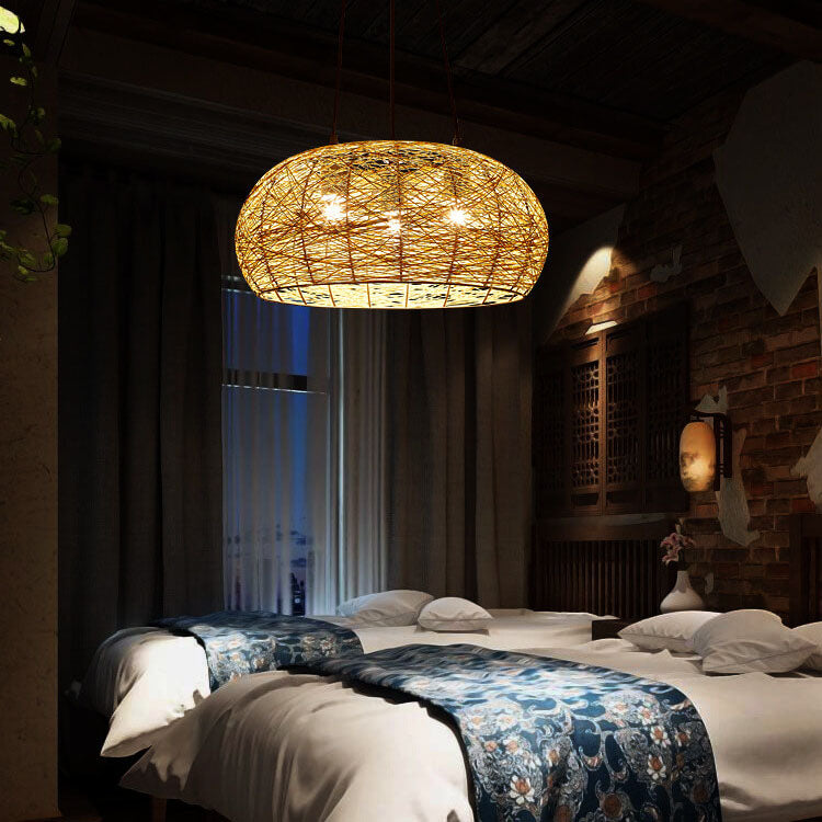 Modern Rattan Weaving  3-Light Dome Pendant Light