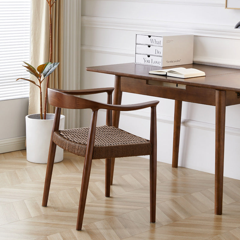 Traditional Vintage Braided Rope Wood Legs Square Dining Chair Backrest Armrest For Dining Room