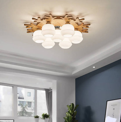 Nordic Solid Wood Antler Frosted Glass Round Shade 3/5/7 Light Flush Mount Ceiling Light