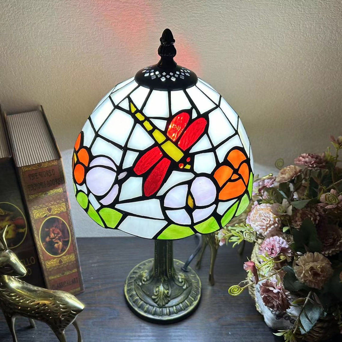 Traditional Tiffany Alloy Glass Dome Flower 1-Light Table Lamp For Bedside