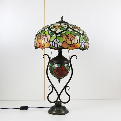 Tiffany European Vintage Floral Stained Glass Round Pot 3-Light Table Lamp