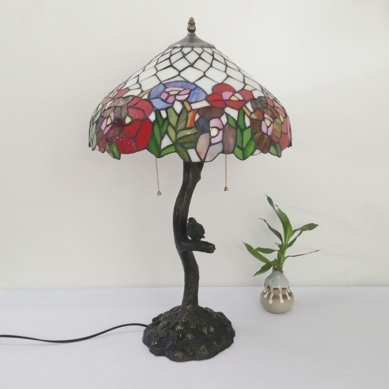 Traditional Tiffany Flower Stained Glass Resin Base 2-Light Table Lamp For Living Room