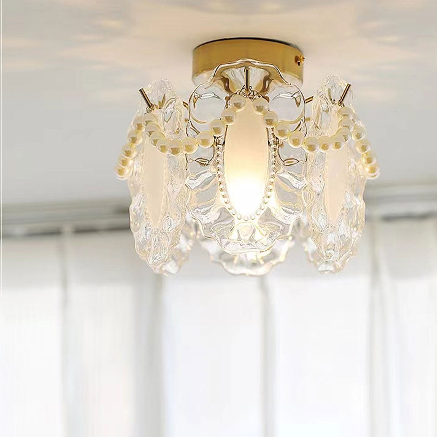 French Light Luxury Petal Pearl Glass 1-Light Flush Mount Ceiling Light