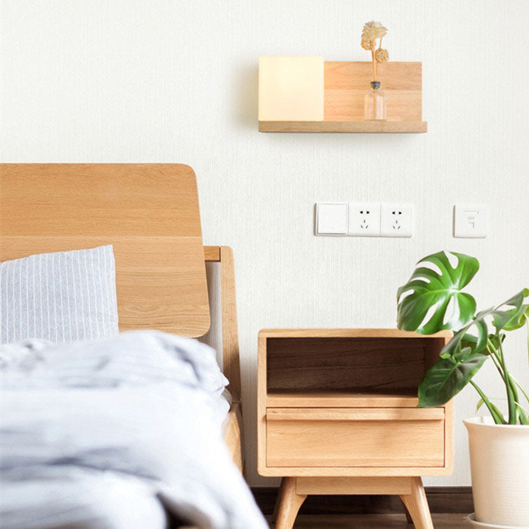 Japanese Minimalist Wood Square Glass 1-Light Wall Sconce Lamp
