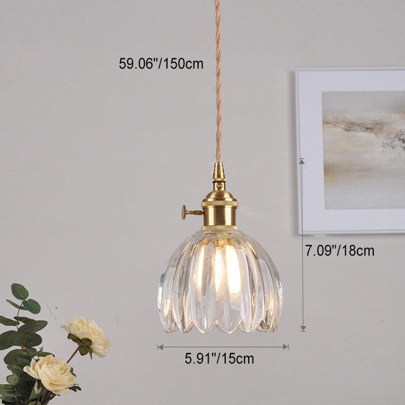 Traditional Vintage Water-ripple Glass Geometric Polygon Shade Brass 1-Light Pendant Light For Living Room