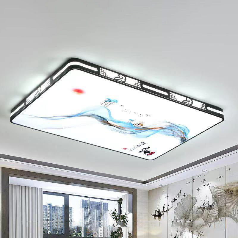 Traditional Chinese Iron Acrylic Round Square Rectangular Landscape Painting LED Flush Mount Ceiling Light For Living Room