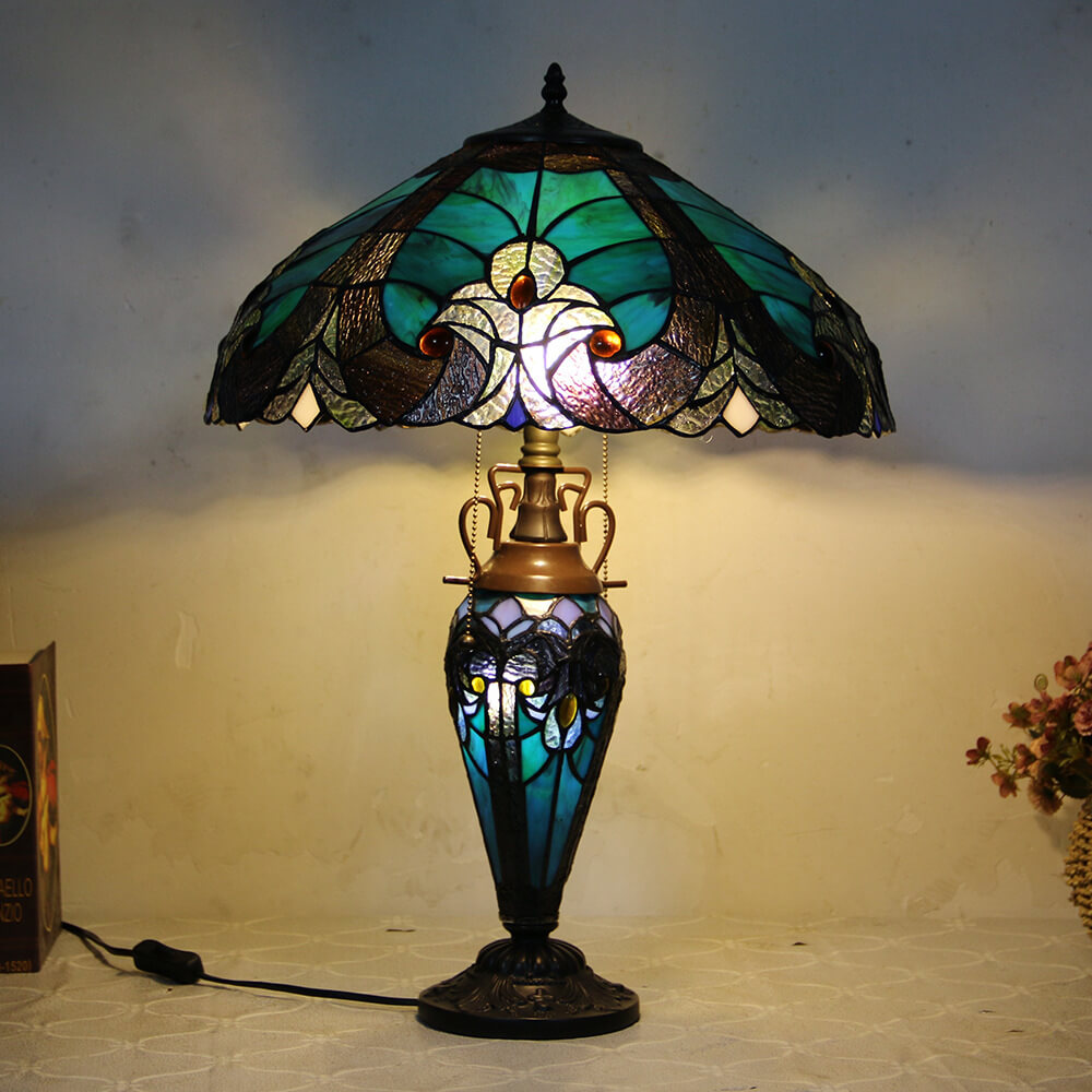 European Light Luxury Vintage Tiffany Glass Resin 2-Light Table Lamp