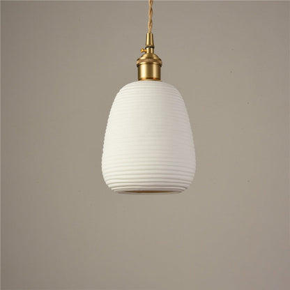 Contemporary Nordic Irregular Cylinder Stripe Ceramic Copper 1-Light Pendant Light For Living Room
