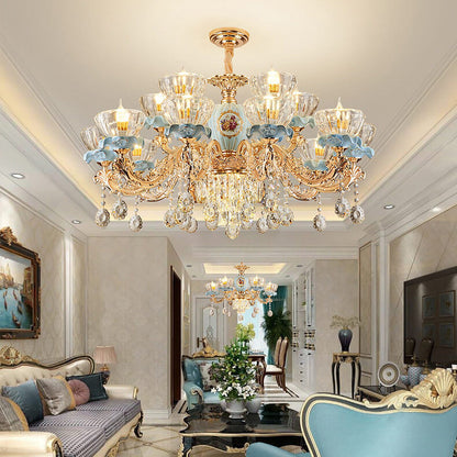 Traditional European Flower Candelabra Zinc Alloy Crystal Glass Ceramic 6/8/10/12 Light Chandelier For Living Room