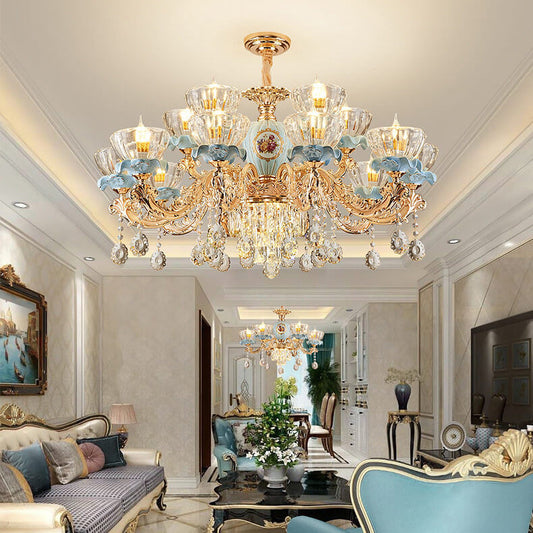 Traditional European Flower Candelabra Zinc Alloy Crystal Glass Ceramic 6/8/10/12 Light Chandelier For Living Room