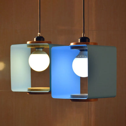 Nordic Creative Iron Solid Wood Square Geometry 1-Light Pendant Light