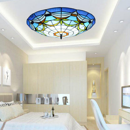 European Stained Glass Tiffany Round Various Pattern Designs 2/3 Light Flush Mount Light