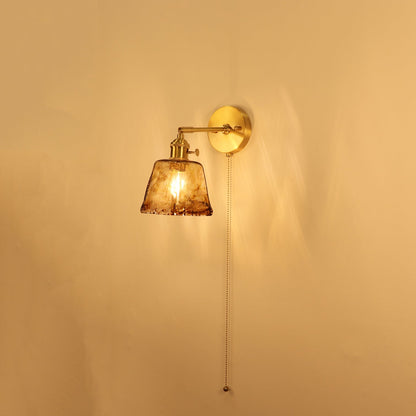 Traditional Vintage Brass Amber Square Glass Shade 1-Light Wall Sconce Lamp For Living Room