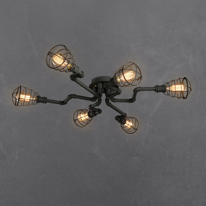Industrial Vintage Water Pipe Round Iron 4/6/8 Light Flush Mount Ceiling Light