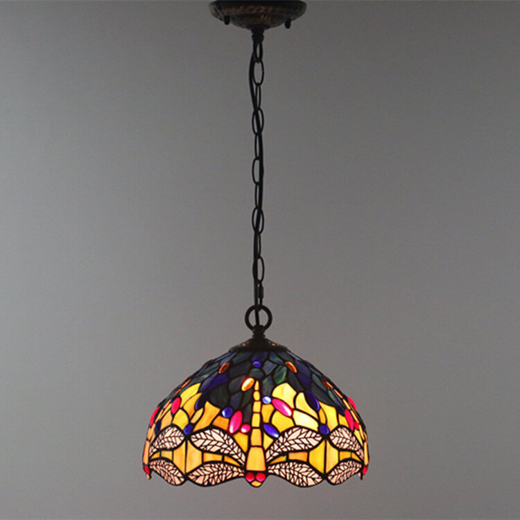 Tiffany Vintage Butterfly Stained Glass Dome 1-Light Pendant Light