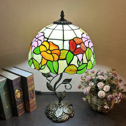 Traditional Tiffany Resin Glass Dome Conic Flower Leaf 1-Light Table Lamp For Bedside