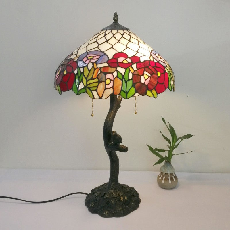 Traditional Tiffany Flower Stained Glass Resin Base 2-Light Table Lamp For Living Room