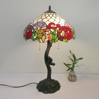 Traditional Tiffany Flower Stained Glass Resin Base 2-Light Table Lamp For Living Room