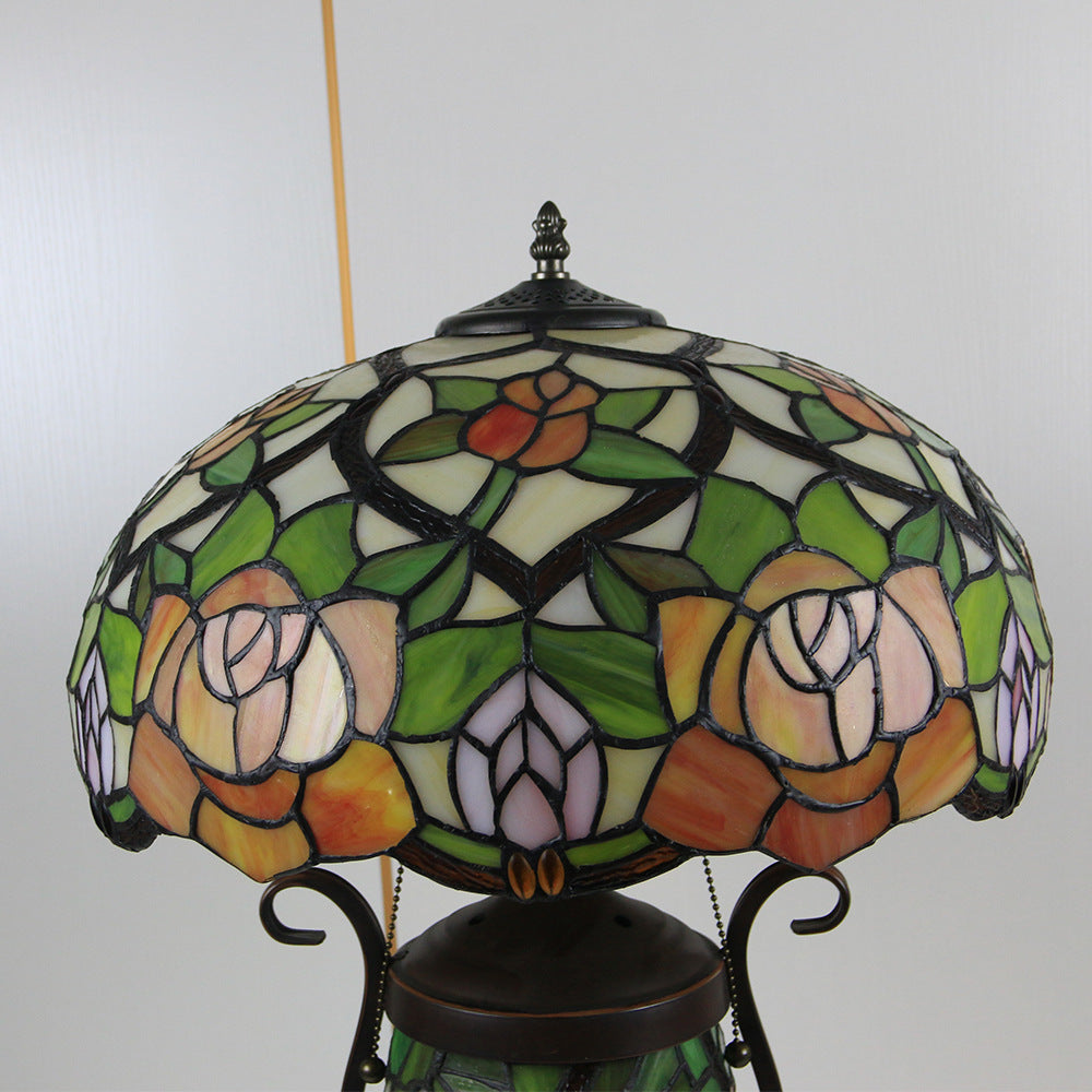 Tiffany European Vintage Floral Stained Glass Round Pot 3-Light Table Lamp