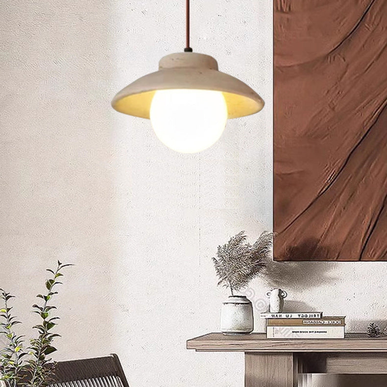 Traditional Vintage Bowl Shape Wood Natural Stone 1-Light Pendant Light For Bedroom