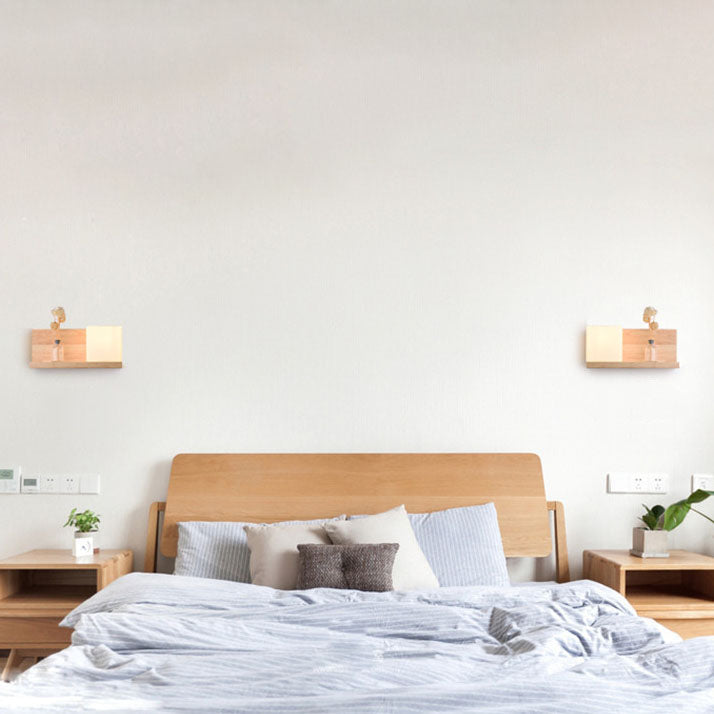 Japanese Minimalist Wood Square Glass 1-Light Wall Sconce Lamp