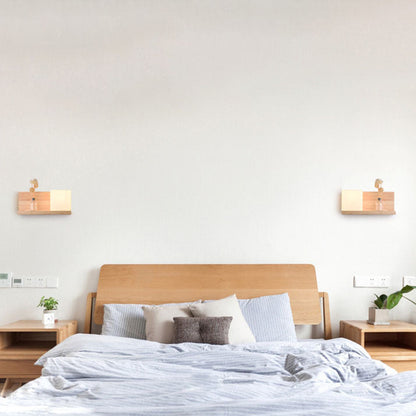 Japanese Minimalist Wood Square Glass 1-Light Wall Sconce Lamp