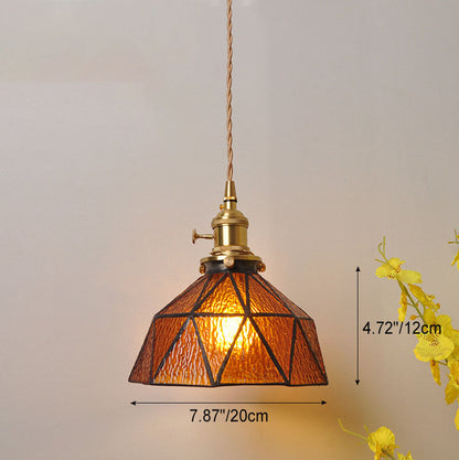 Traditional Vintage Water-ripple Glass Geometric Polygon Shade Brass 1-Light Pendant Light For Living Room