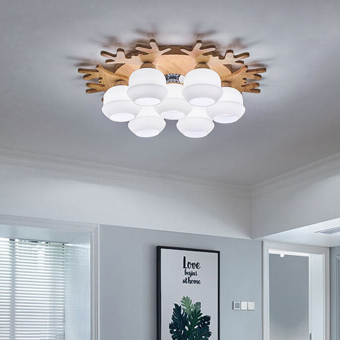 Nordic Solid Wood Antler Frosted Glass Round Shade 3/5/7 Light Flush Mount Ceiling Light