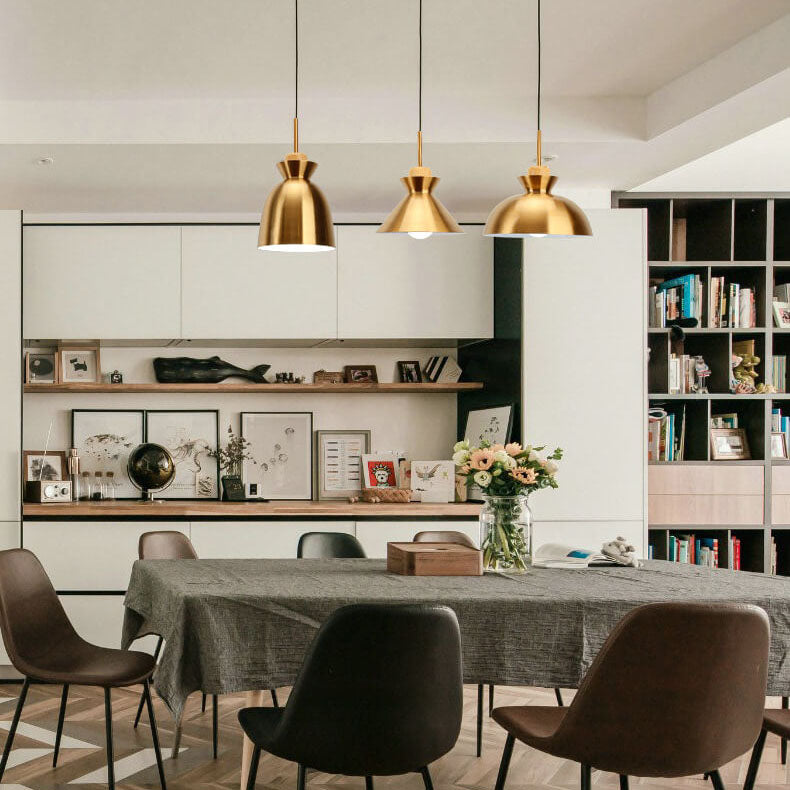 Nordic Simple Golden Dome Metal 1-Light Wood Handle Pendant Light