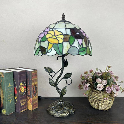 Traditional Tiffany Resin Glass Dome Conic Flower Leaf 1-Light Table Lamp For Bedside