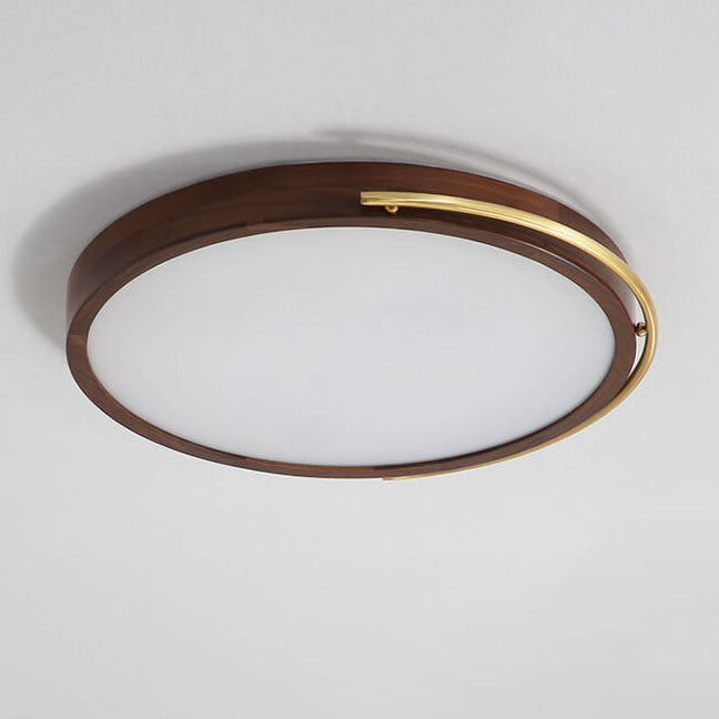 Modern Chinese Walnut Round Copper Ring LED Flush Mount Ceiling Light