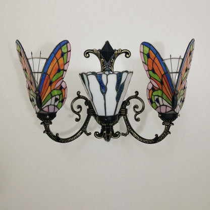Traditional Tiffany European Butterfly Stained Glass 3-Light Wall Sconce Lamp For Hallway