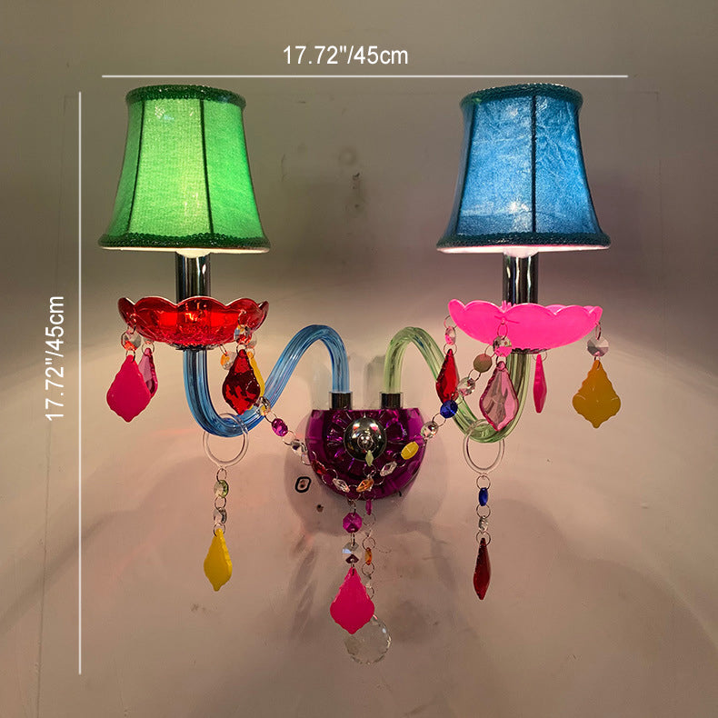 Traditional European Kids Glass Crystal Metal Fabric Candlestick Holder Flower 2-Light Wall Sconce Lamp For Bedside