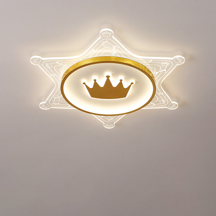 Modern Art Deco Crown Round Pentagon Acrylic Iron LED Flush Mount Ceiling Light For Living Room