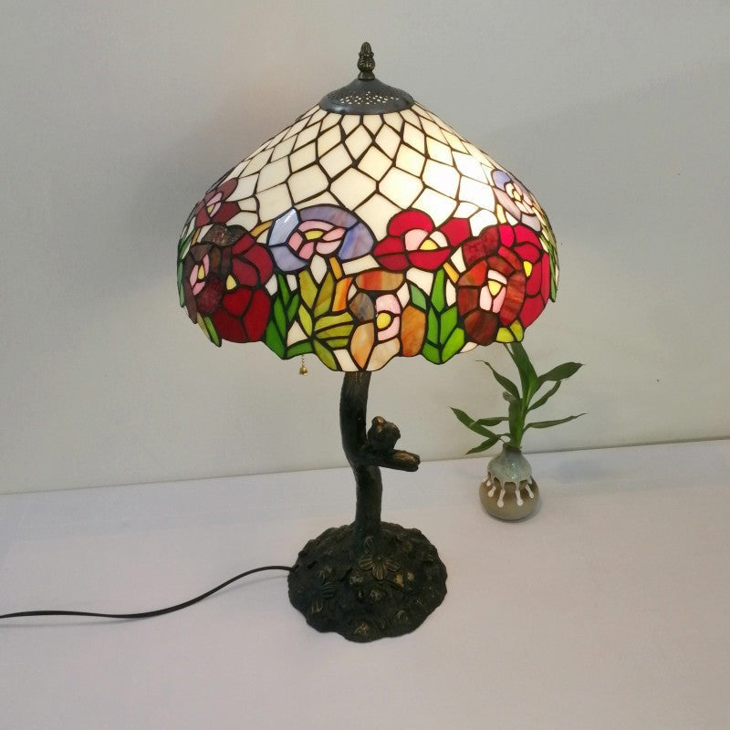 Traditional Tiffany Flower Stained Glass Resin Base 2-Light Table Lamp For Living Room