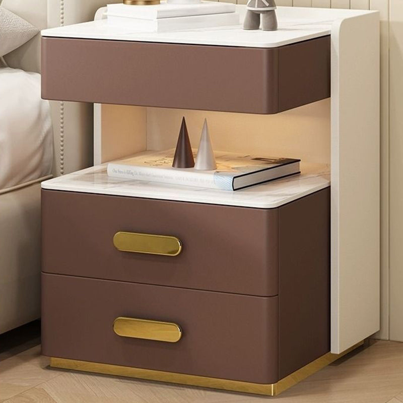 Contemporary Luxury Rectangular Rock Slab Solid Wood Microfiber Leather Nightstand 2-Drawer For Bedroom