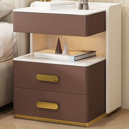 Contemporary Luxury Rectangular Rock Slab Solid Wood Microfiber Leather Nightstand 2-Drawer For Bedroom