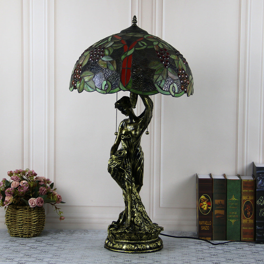 Traditional Tiffany Resin Glass Dome Grape Cow Diamond Pretty Woman Base 2-Light Table Lamp For Bedside