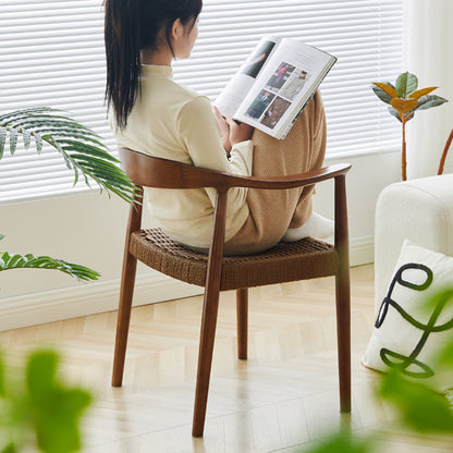 Traditional Vintage Braided Rope Wood Legs Square Dining Chair Backrest Armrest For Dining Room