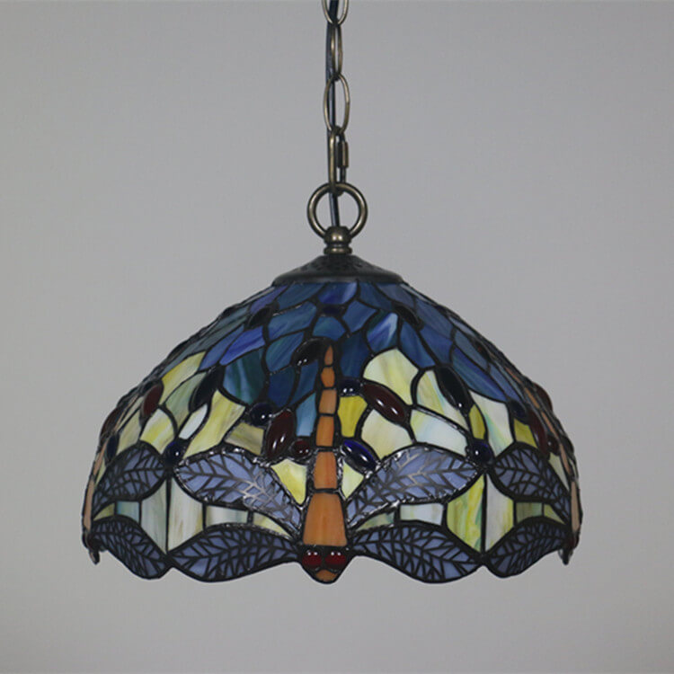 Tiffany Vintage Butterfly Stained Glass Dome 1-Light Pendant Light