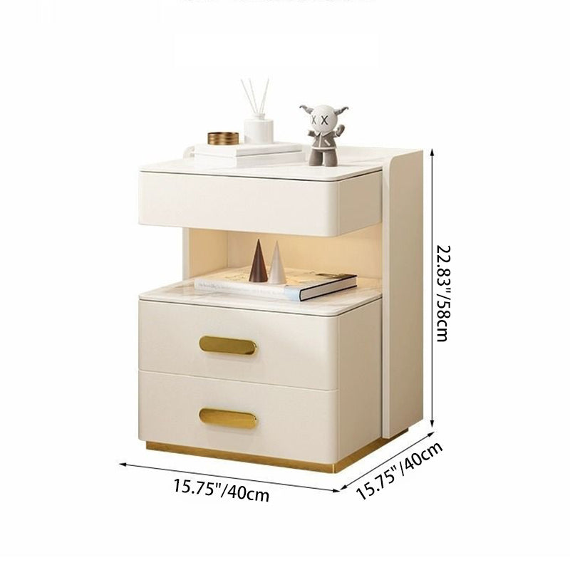 Contemporary Luxury Rectangular Rock Slab Solid Wood Microfiber Leather Nightstand 2-Drawer For Bedroom