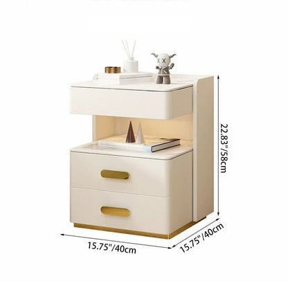 Contemporary Luxury Rectangular Rock Slab Solid Wood Microfiber Leather Nightstand 2-Drawer For Bedroom