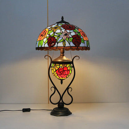 Tiffany European Vintage Floral Stained Glass Round Pot 3-Light Table Lamp