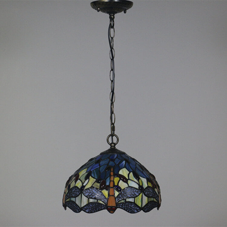 Tiffany Vintage Butterfly Stained Glass Dome 1-Light Pendant Light