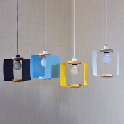 Nordic Creative Iron Solid Wood Square Geometry 1-Light Pendant Light