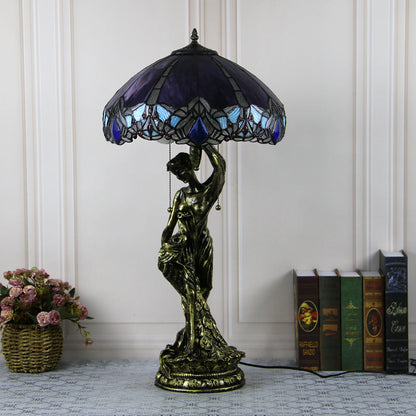 Traditional Tiffany Resin Glass Dome Grape Cow Diamond Pretty Woman Base 2-Light Table Lamp For Bedside