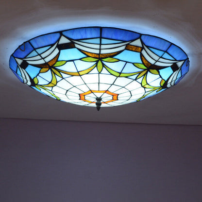 European Stained Glass Tiffany Round Various Pattern Designs 2/3 Light Flush Mount Light